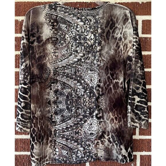 Chico’s Velour Feeling Embellished Multi-Patterned Blouse 3/4 Sleeves Size 0 (S) - Picture 3 of 4